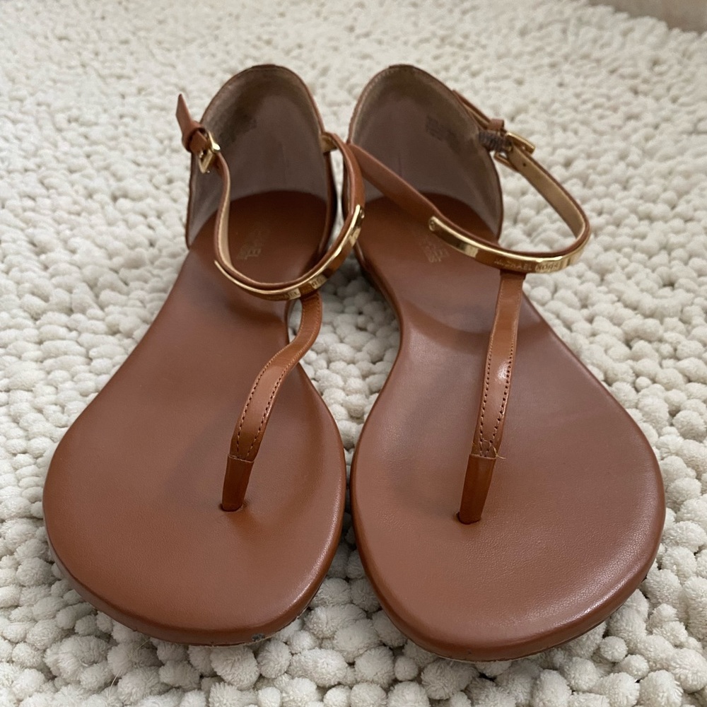 Michael Kors T Strap Brown Leather Sandals with Gold Hardware